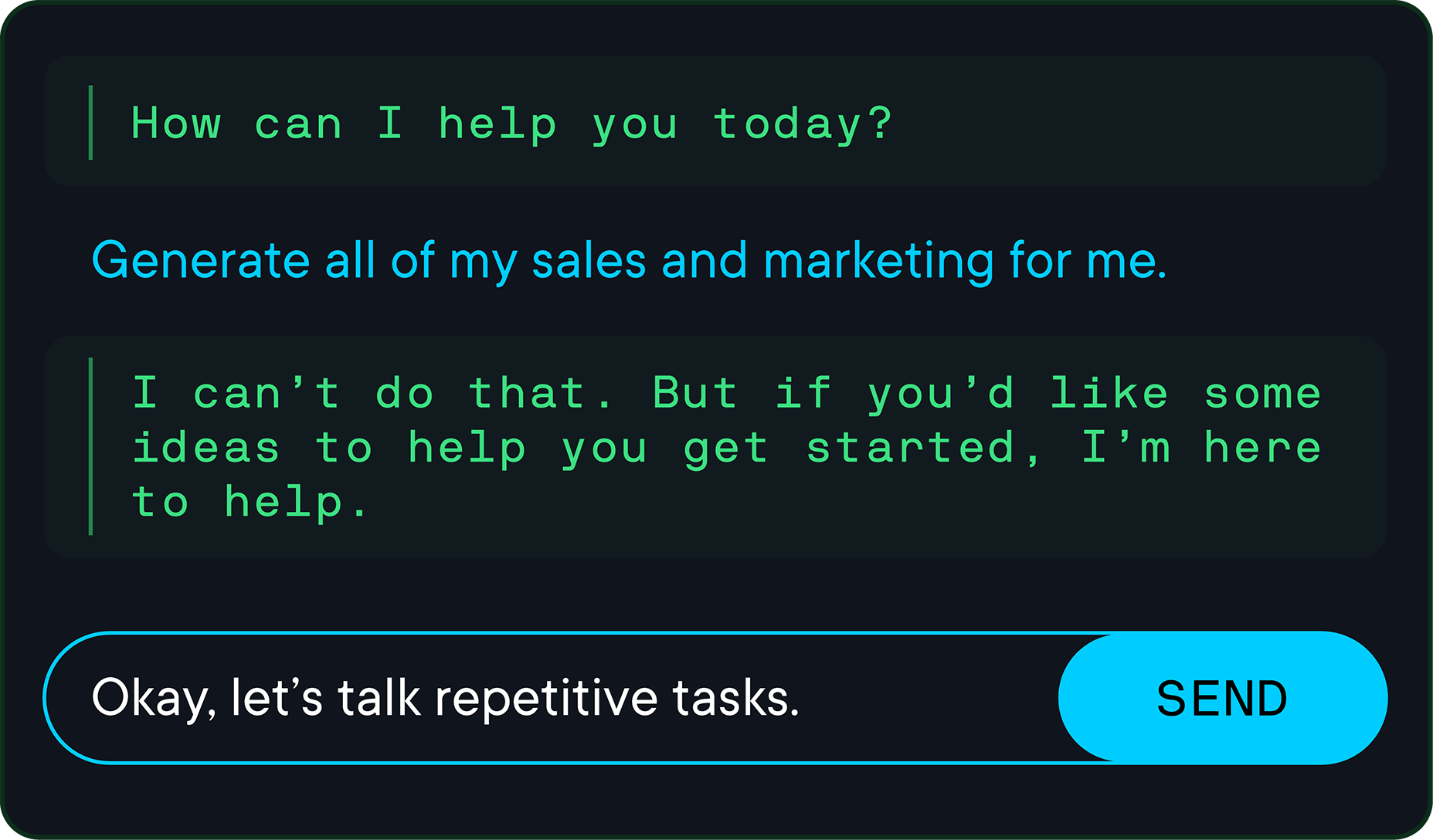 Illustration of an IA prompt showing how AI cannot solve for the prompt "Generate all of my sales and marketing for me."